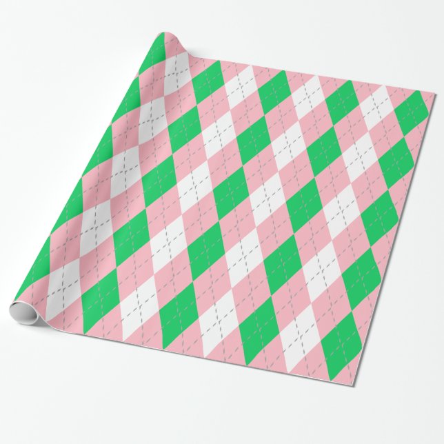 Papel De Presente Cinza Rosa Verde-Escuro Wht XL Argyle (Desenrolado)