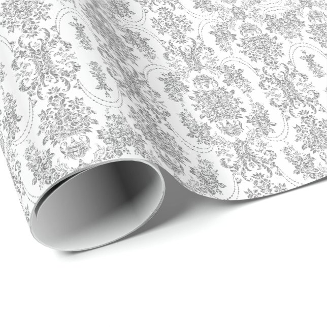 Papel De Presente Cinza Silver Elegante e Padrão Floral do Ornamenta (Ponta do rolo)