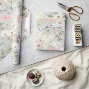 Papel De Presente Cinza Verde Rosa Padrão Botânico Flor