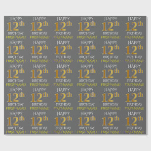 Papel De Presente Cinzas, ANIVERSÁRIO FELIZ Dourado do falso "12o "