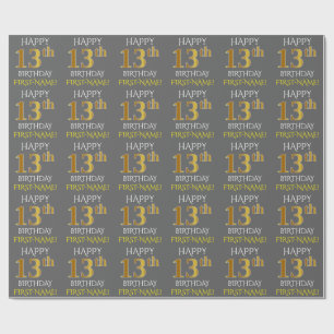 Papel De Presente Cinzas, ANIVERSÁRIO FELIZ Dourado do falso "13o "