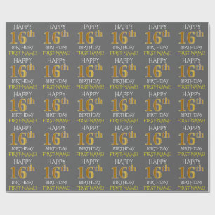 Papel De Presente Cinzas, ANIVERSÁRIO FELIZ Dourado do falso "16o "