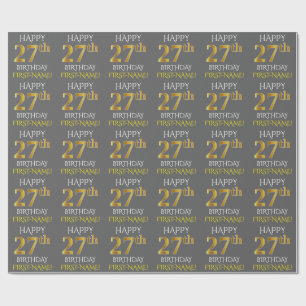 Papel De Presente Cinzas, ANIVERSÁRIO FELIZ Dourado do falso "27o "