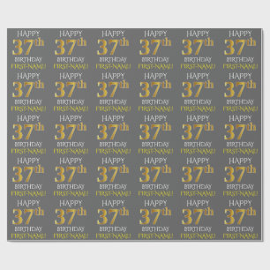 Papel De Presente Cinzas, ANIVERSÁRIO FELIZ Dourado do falso "37th 