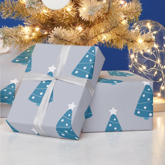 PAPEL DE PRESENTE CINZAS COM ÁRVORES DE NATAL AZUL E BRANCO (Feriados)