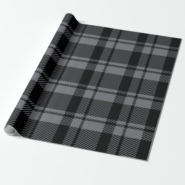 Papel De Presente Cinzas Escuras Modernas e Xadrez de Tartan Preto (Desenrolado)