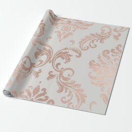 Papel De Presente Cinzas Metálicas Douradas Damask Rosa por Algodão