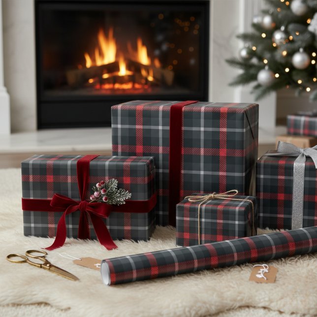 Papel De Presente Cinzas Modernas e Tartan Vermelho: Xadrez Sonolent (Royal Stewart Tartan Wrapping Paper)