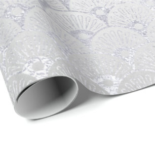 Papel De Presente Cinzas Prateadas Escalas Florais Conchas Arco Deco