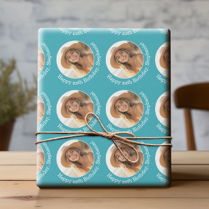 Papel De Presente Círculo 1 Foto com Saudação de Aniversário - Azul