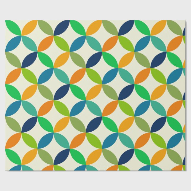 Papel De Presente Círculos de Meados do Século em azul, verde e lara (Aberto)