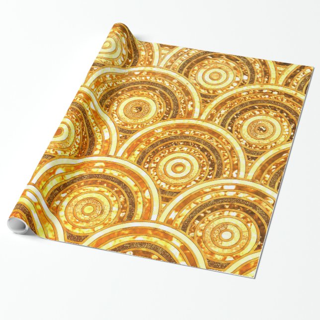 Papel De Presente Círculos Luminosos de Folha Metálica Dourada de Lu (Desenrolado)