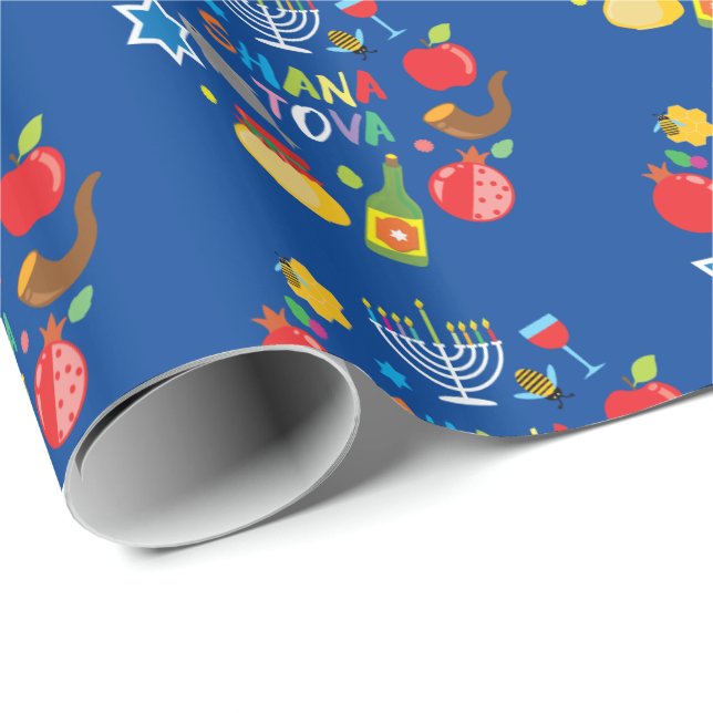 Papel De Presente Círculos Shana Tova2 - marinho azul (Ponta do rolo)