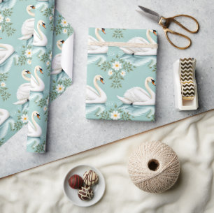 Papel De Presente Cisne branco elegante floral azul