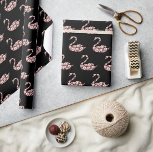Papel De Presente Cisne de Pérola Rosa Elegante em Fundo Preto