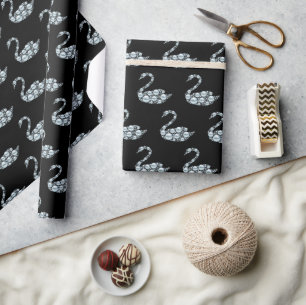 Papel De Presente Cisne Pérola Azul Elegante em Fundo Preto