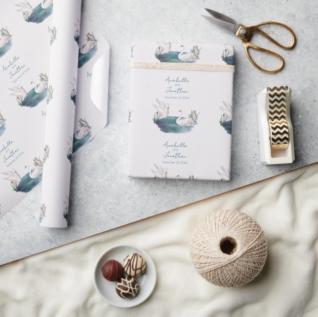 Papel De Presente Cisnes em Aquarela e Data do Casamento (Artesanato)