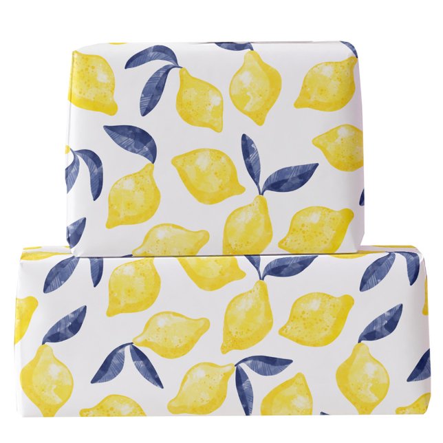 Papel De Presente Citrus de Padrão de Limão de Aquarela (Fresh Mediterranean citrus watercolor lemon pattern yellow and blue gift wrapping paper roll)