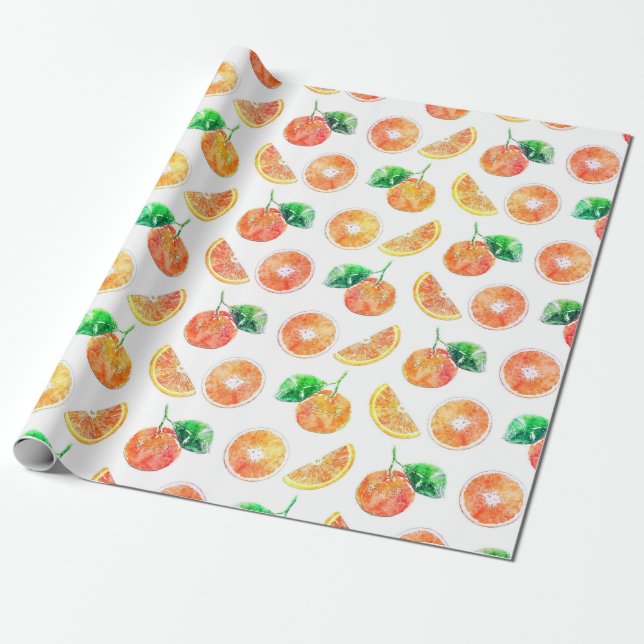 Papel De Presente Citrus Orange Frutas aquarela pintura branca (Desenrolado)