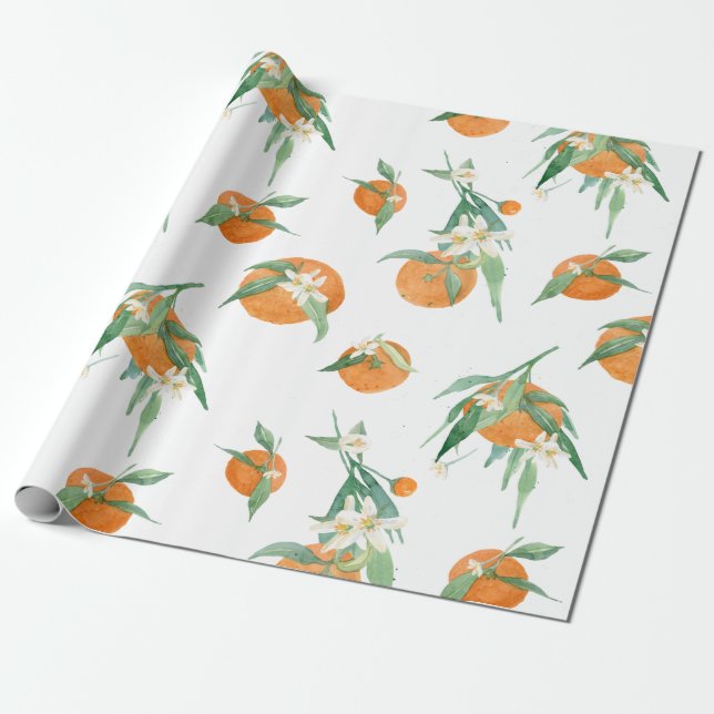 Papel De Presente Citrus Orange n White Watercolor Foliage Floral (Desenrolado)
