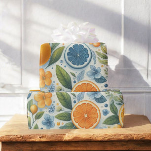 Papel De Presente Citrus Watercolor Orange Fruta Botânica Summer