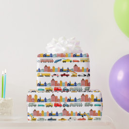 Papel De Presente City Transportation Vehicles Trucks Cars Kids