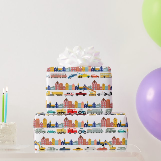 Papel De Presente City Transportation Vehicles Trucks Cars Kids (Presentes para festas)