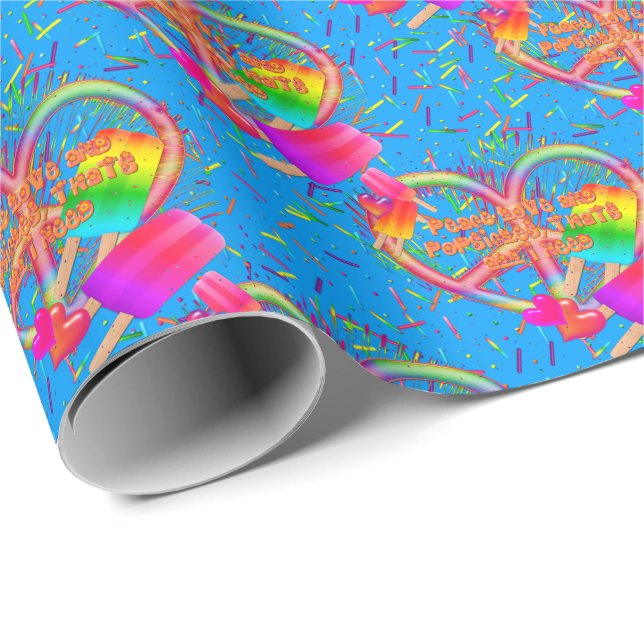 Papel De Presente CKC-Peace, Love and Popsicle's, Blue-Gift Wrapping (Ponta do rolo)