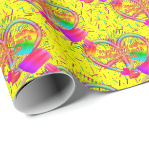 Papel De Presente CKC-Peace, Love and Popsicle's, Yellow-Gift Wrap