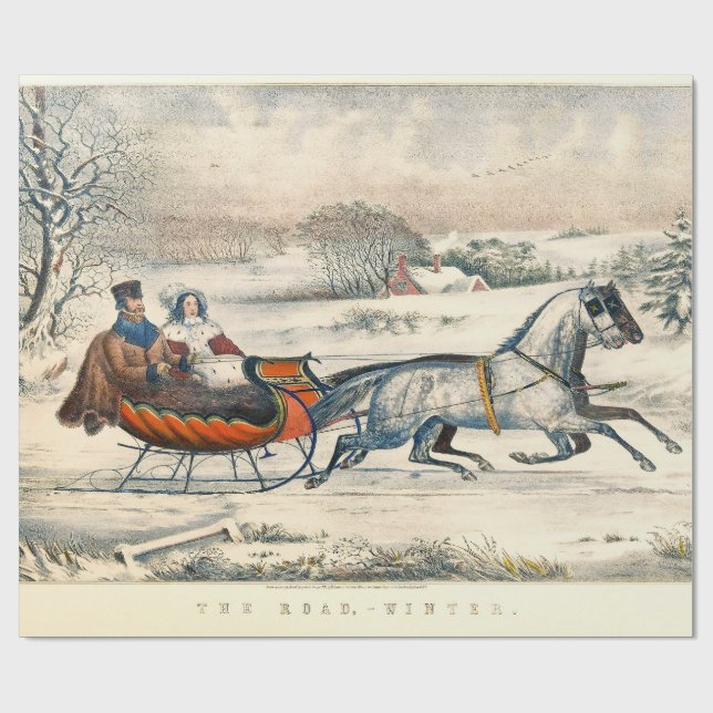 Papel De Presente Classic 1853 Sleigh Ride Currier Ives Road Winter (Aberto)