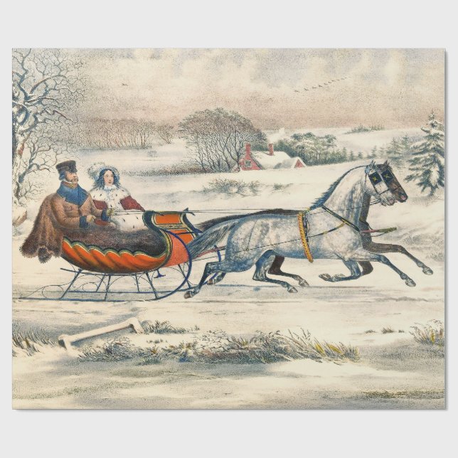Papel De Presente Classic 1853 Sleigh Ride Currier Ives Road Winter (Aberto)