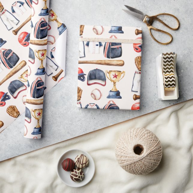 Papel De Presente Classic Baseball Gear Watercolor Design Wrap (Artesanato)