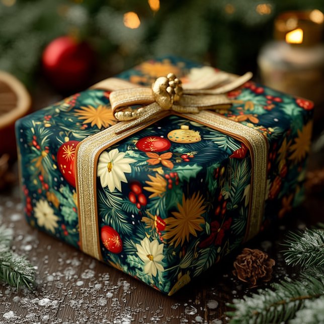 Papel De Presente Classic Christmas Ornaments & Holiday Foliage (Criador carregado)