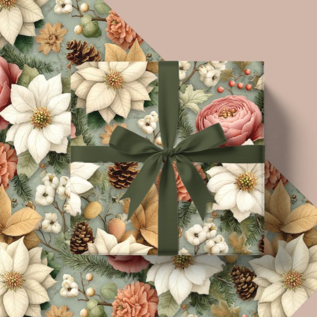 Papel De Presente Classic Christmas Pink and Sage Green Floral Gift (Criador carregado)