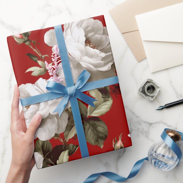 Papel De Presente Classic Red Rose White Floral Pattern (Presentear)