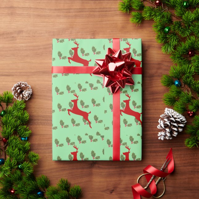 Papel De Presente Classic Reindeer & Holly Christmas Wrapping Paper  (Presente de Natal)