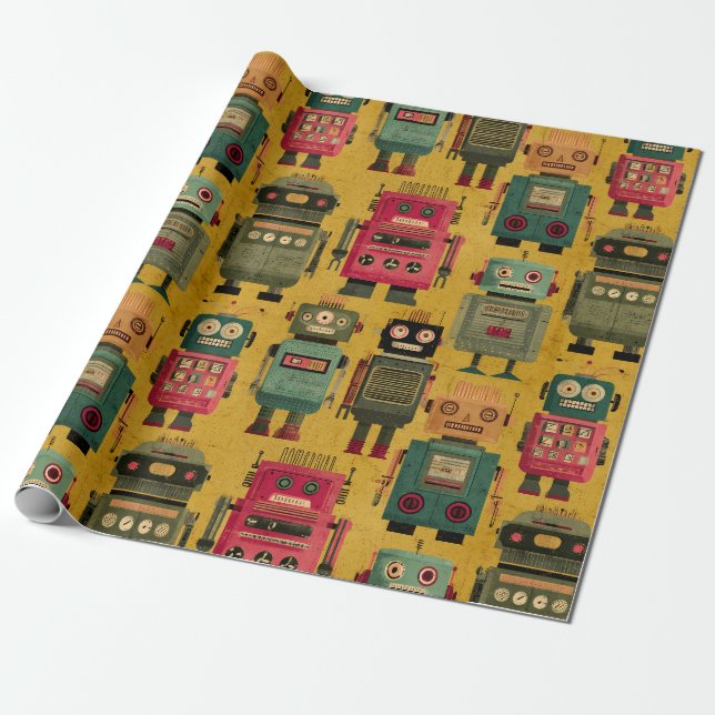 Papel De Presente Classic Retro Robot Pattern Wrapping Paper (Desenrolado)