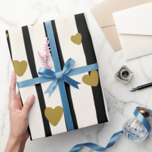 Papel De Presente Clássico Elegante Listras Pretas Coração Dourado