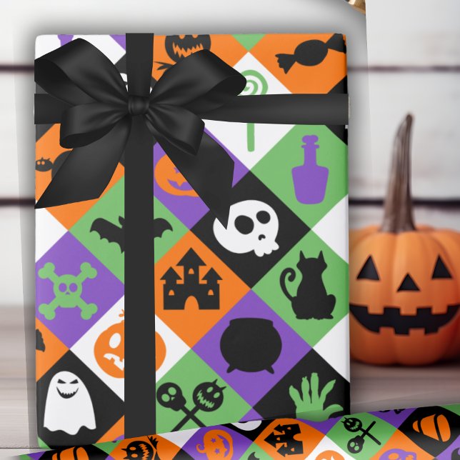 Papel De Presente Clássico Laranja, Verde E Roxo De Halloween (Classic Orange, Green And Purple Halloween Themed Wrapping Paper)