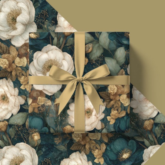 Papel De Presente Clássico Natal Inverno Verde e Floral Branco (Criador carregado)