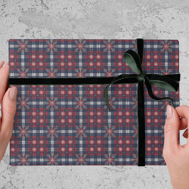 Papel De Presente Clássico Natal Xadrez Vermelho Azul-Marinho Flocos