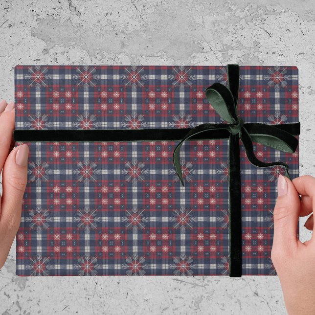 Papel De Presente Clássico Natal Xadrez Vermelho Azul-Marinho Flocos (Criador carregado)