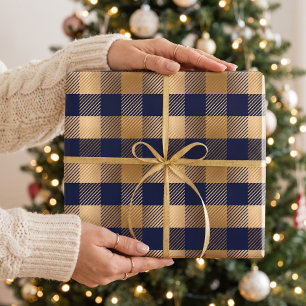 Papel De Presente Clássico Xadrez Búfalo Dourado Falso e Azul Marinh