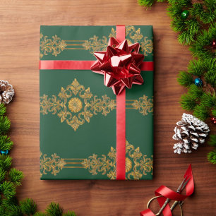Papel De Presente Clássico Xadrez Medalhão Dourado Verde Floresta