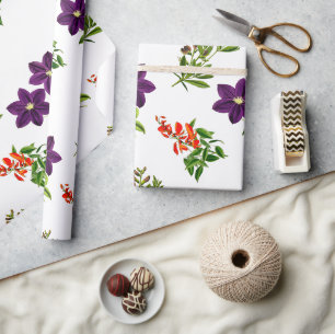 Papel De Presente Clematite Roxa e Floral de Flores Silvestres