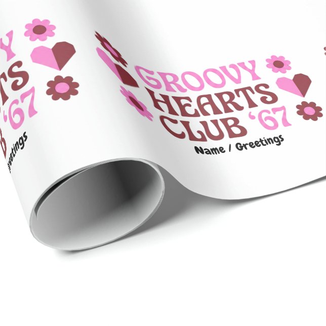 Papel De Presente Clube Retro Groovy Hearts '67 Rosa Marrom do Dia d (Ponta do rolo)