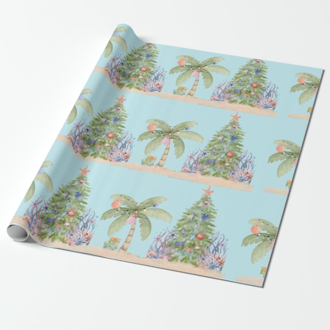 Papel De Presente Coastal Christmas Palm Tree Gift Wrap – Ocean Holi (Desenrolado)
