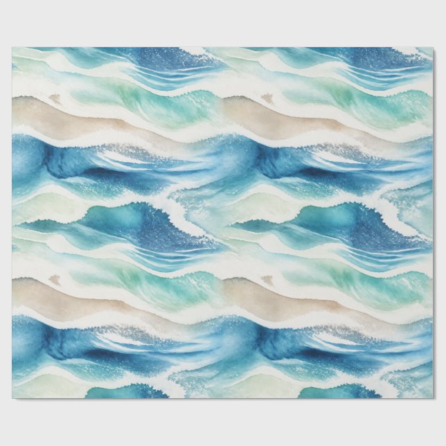 Papel De Presente Coastal Ocean Waves Watercolor Wrapping Paper  (Aberto)