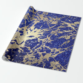 Papel De Presente Cobalt Blue Glitter Sepia Dourada Marble Stone Met