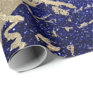 Papel De Presente Cobalt Blue Glitter Sepia Dourada Marble Stone Met